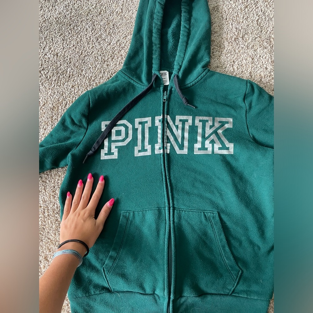 PINK Green Full Zip sweatshirt with hood